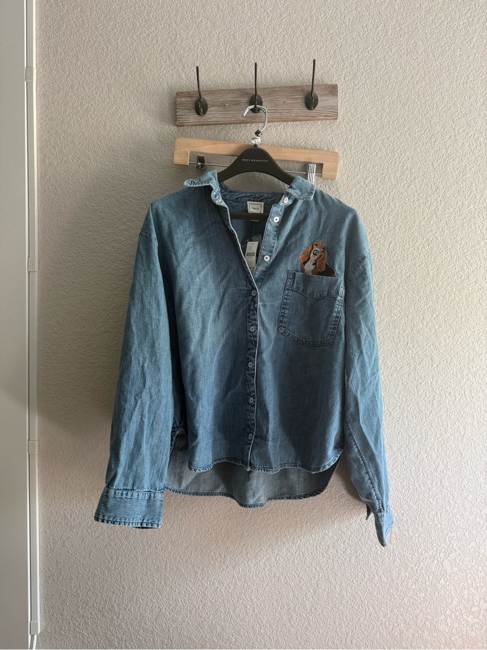 Maeve Light Blue Denim Button-Down Shirt with Embroidered Dog